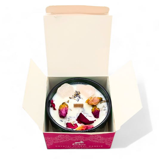 Bougie des Amoureux "ATTIRER L'AMOUR" fleurs de ROSES et QUARTZ ROSE