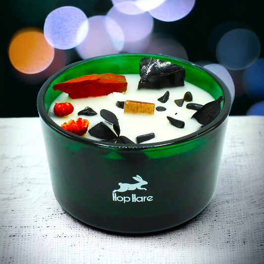 Bougie du DIABLE "STABILITÉ-PROTECTION&COURAGE" - aux fleurs avec JASPE ROUGE ET AGATE NOIRE