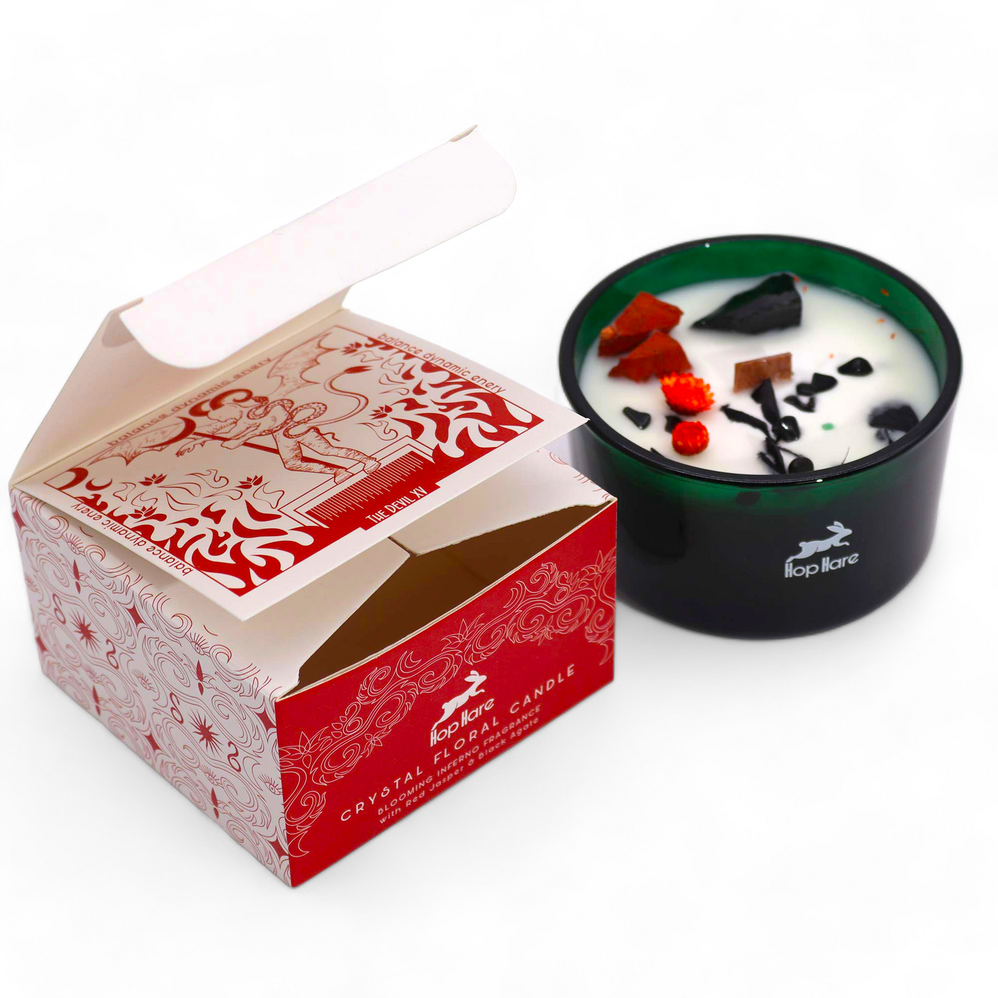 Bougie du DIABLE "STABILITÉ-PROTECTION&COURAGE" - aux fleurs avec JASPE ROUGE ET AGATE NOIRE