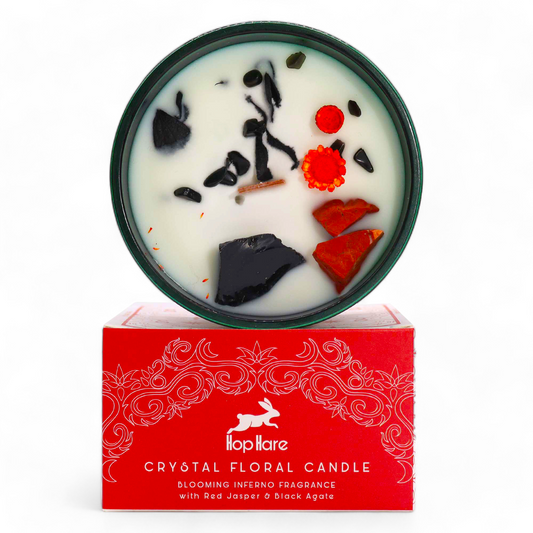 Bougie du DIABLE "STABILITÉ-PROTECTION&COURAGE" - aux fleurs avec JASPE ROUGE ET AGATE NOIRE