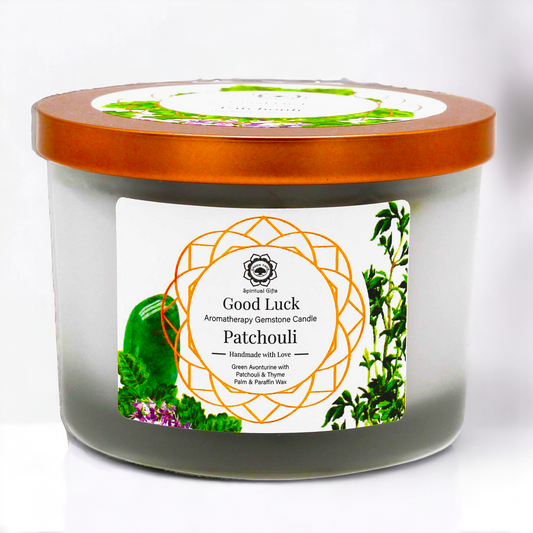 Bougie"BONNE CHANCE" AVENTURINE VERTE+PATCHOULI