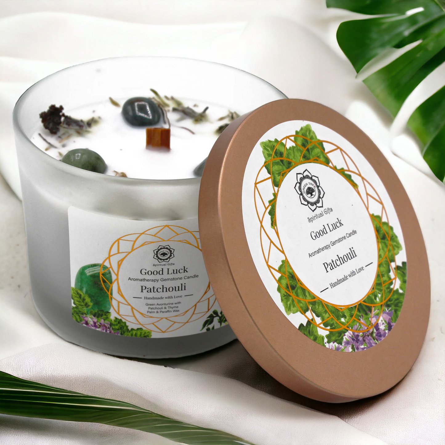 Bougie"BONNE CHANCE" AVENTURINE VERTE+PATCHOULI