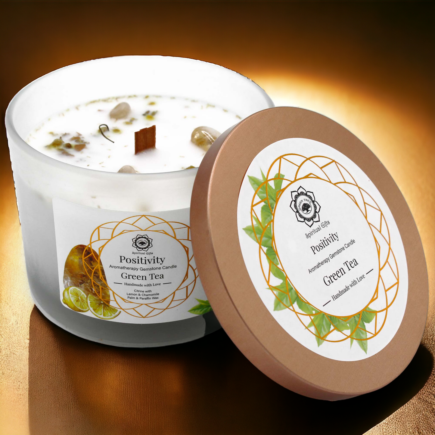 Bougie"POSITIVITÉ" Citrine+Camomille & Citron