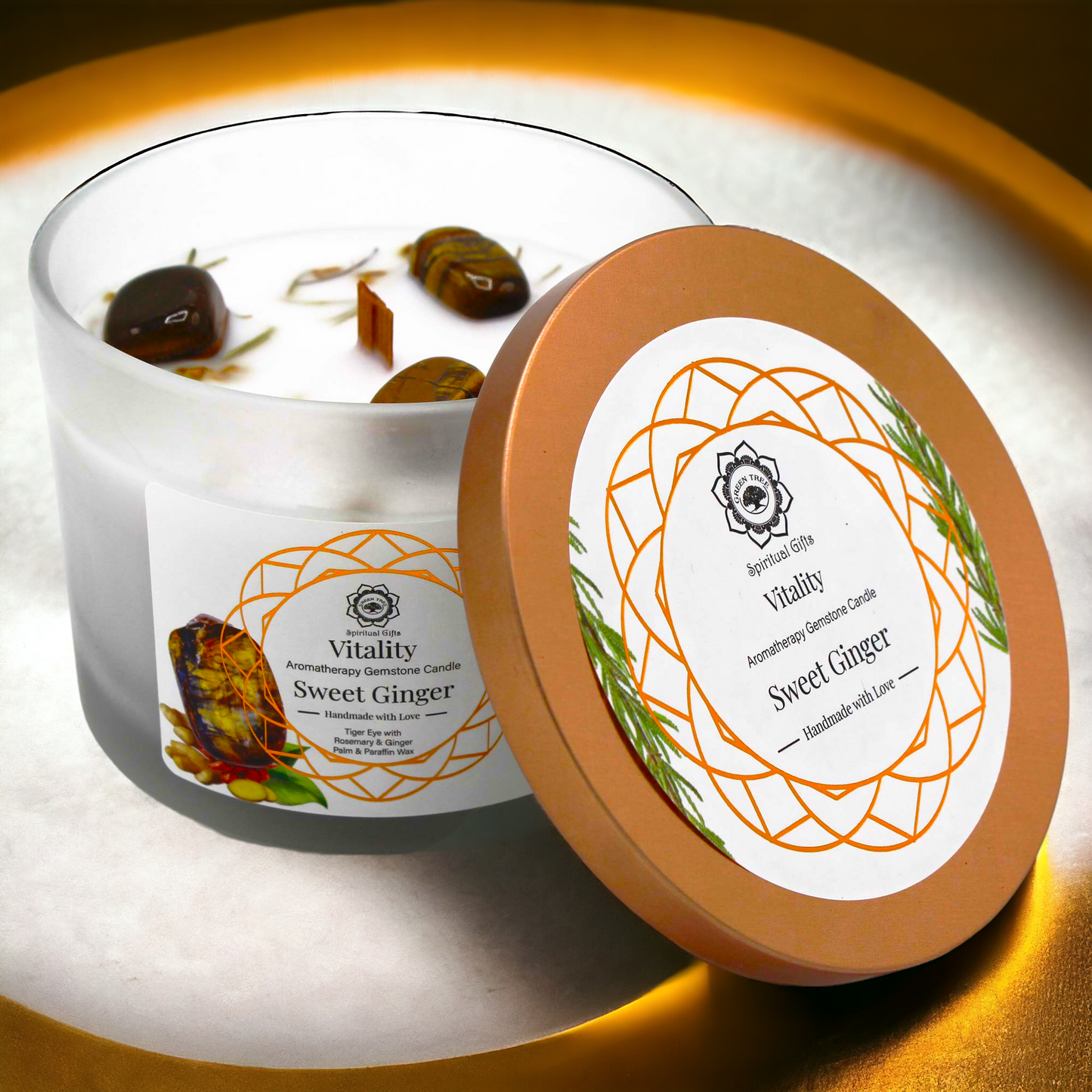 Bougie "VITALITÉ" au Gingembre Doux et Gemmes d'Oeil de Tigre