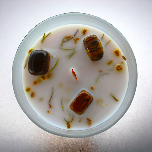 Bougie "VITALITÉ" au Gingembre Doux et Gemmes d'Oeil de Tigre