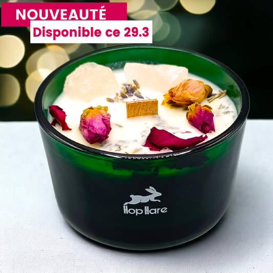 🆕Bougie des Amoureux "ATTIRER L'AMOUR" fleurs de ROSES et QUARTZ ROSE